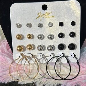 Gold, Silver, and Black Earring Set